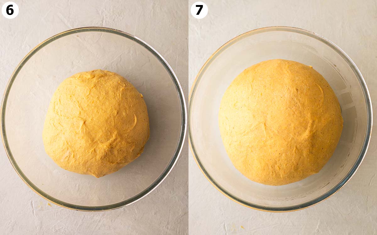 Two image collage showing before and after the dough rests for the first time.