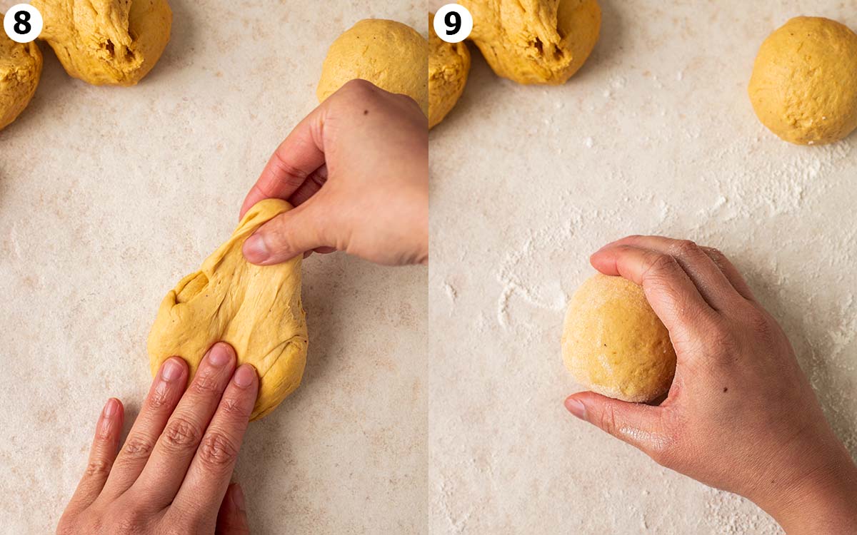 Two image collage showing how to shape the bread rolls.
