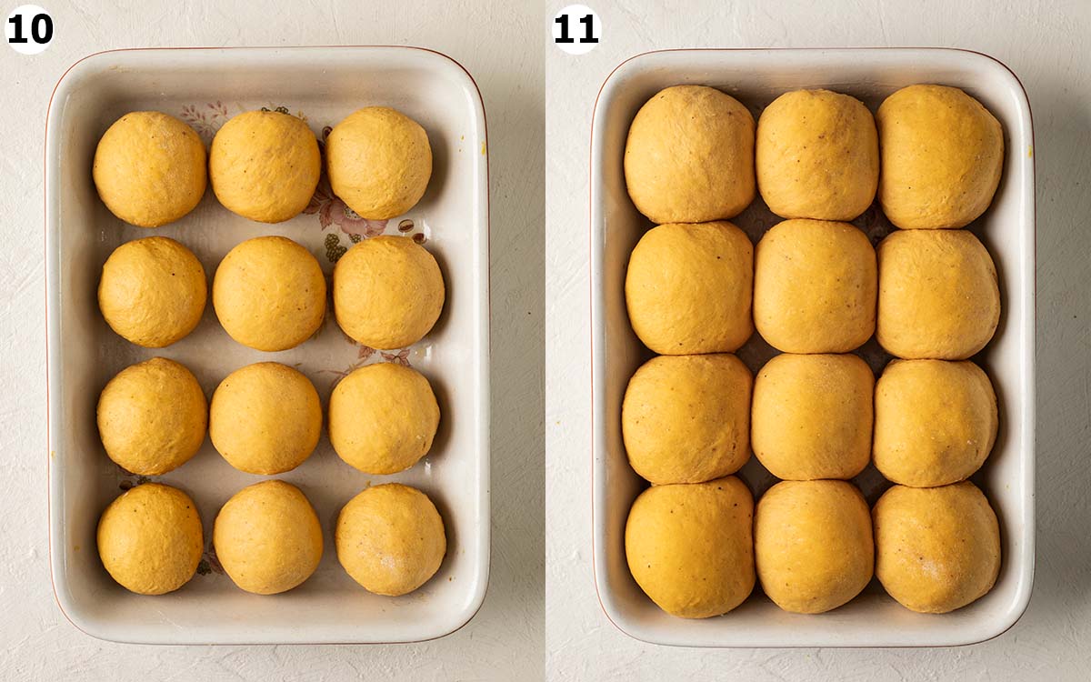 Two image collage showing the pumpkin bread rolls in baking dish, before and after the second rise.