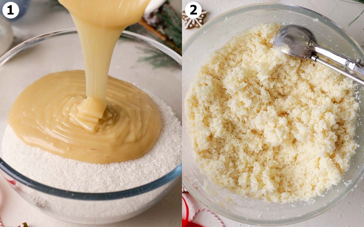 Two image collage showing how to make the coconut truffle mixture.