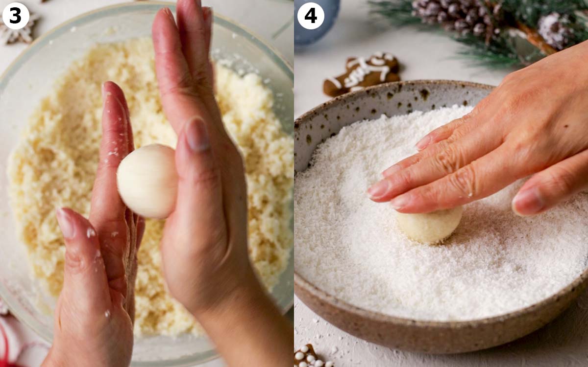 Two image collage showing how to shape and roll the coconut truffles.