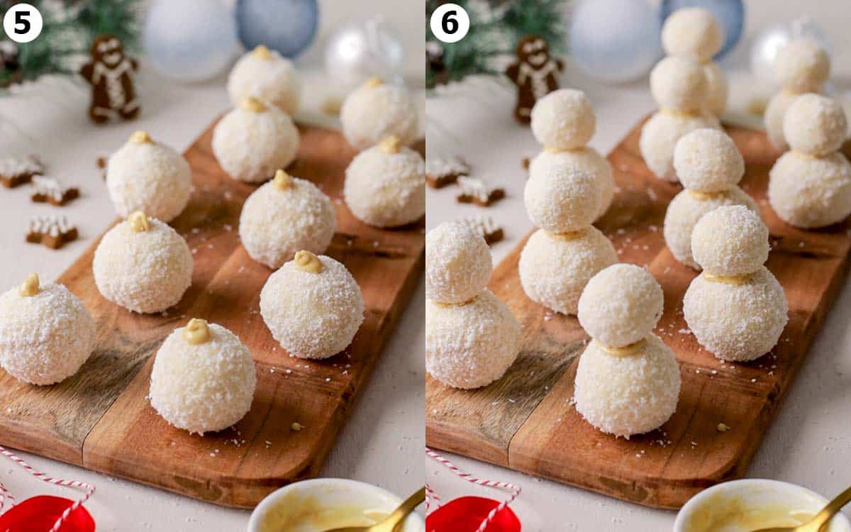 Two image collage of the large coconut truffles and dot of white chocolate then with smaller truffles placed on top.