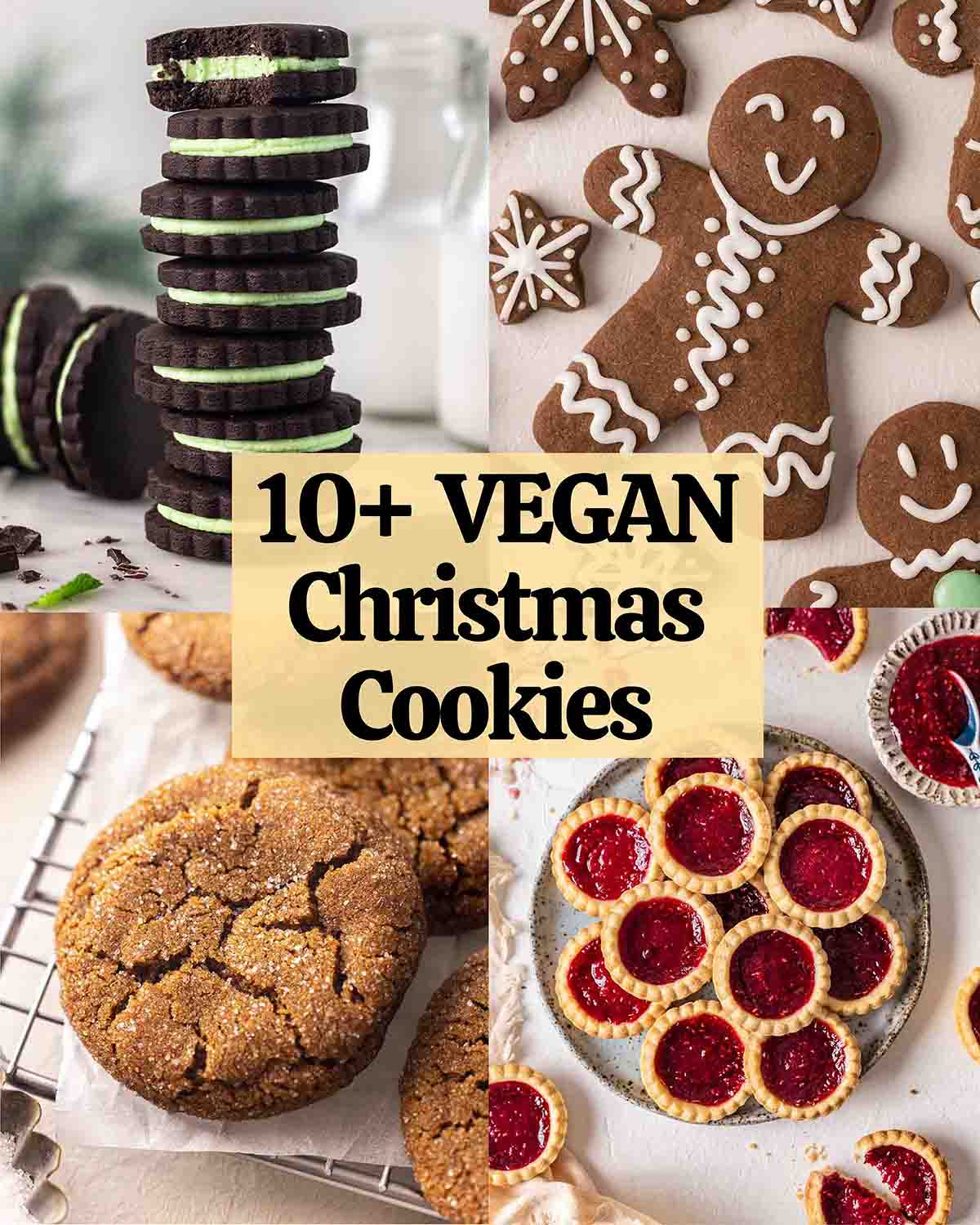 Collage of christmas cookies with text overlay that says '10+ vegan Christmas cookies'.