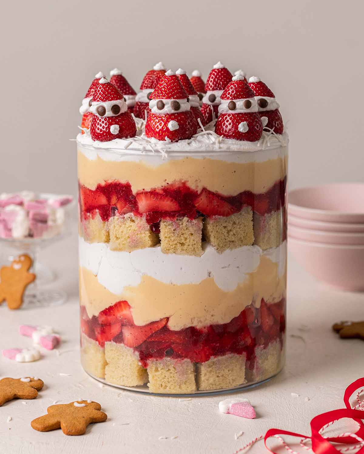 Low angle of Christmas trifle in large glass trifle dish.