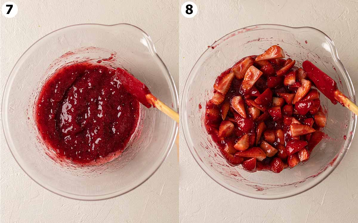 Two image collage of thick red jam mixture and macerated strawberries in jam in a large bowl.