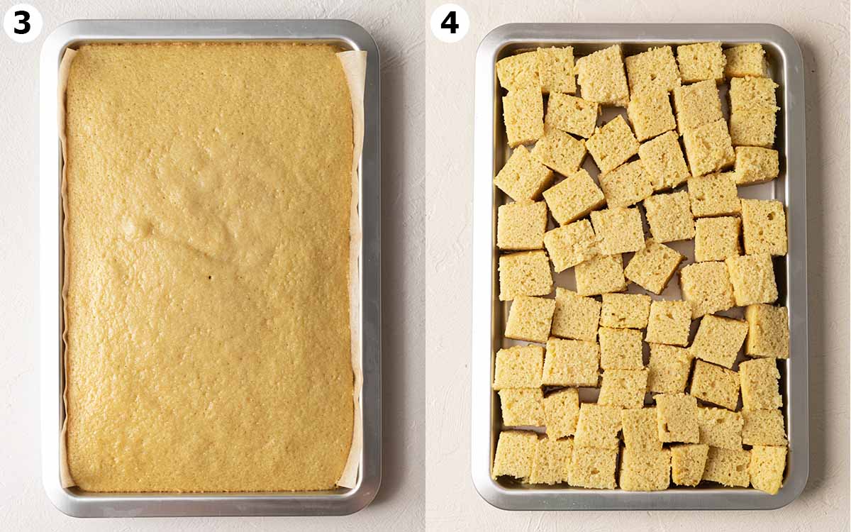 Before and after collage of vanilla cake in sheet pan and cut into cubes.
