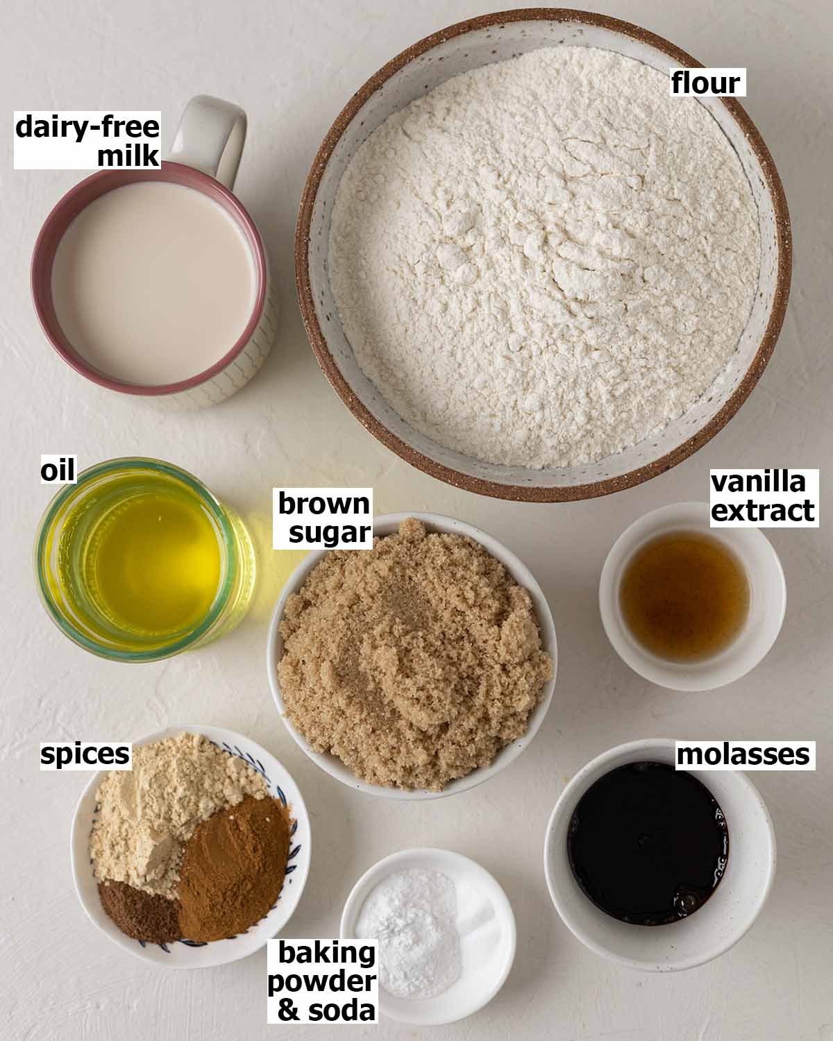 Flat-lay of ingredients for gingerbread cake.