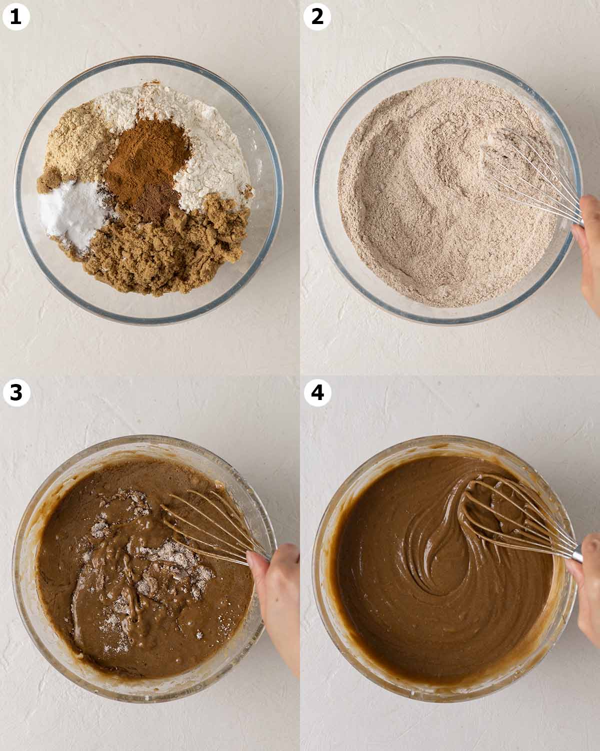Four image collage showing how to make gingerbread cake batter in one bowl.