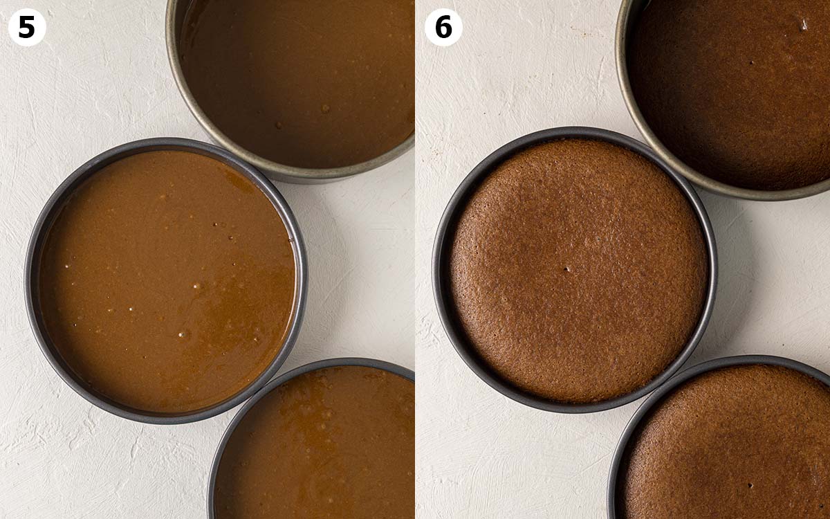 Two image collage showing cakes in cake tins before and after baking.