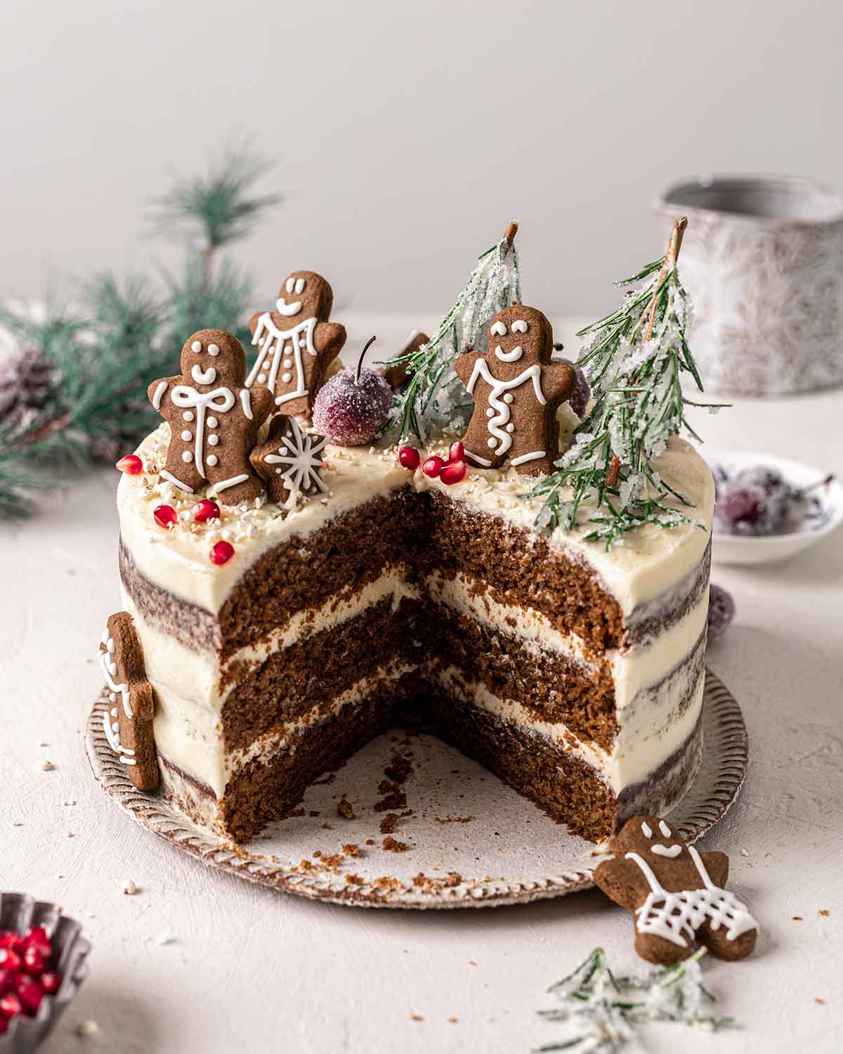 Gingerbread cake with slices taken out revealing large cross section of cake.