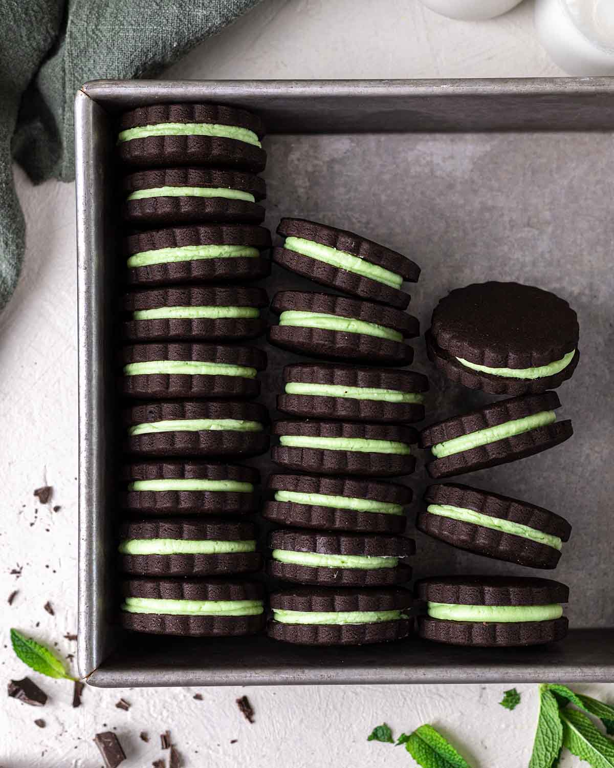 Cake pan filled with rows of chocolate mint cookies.