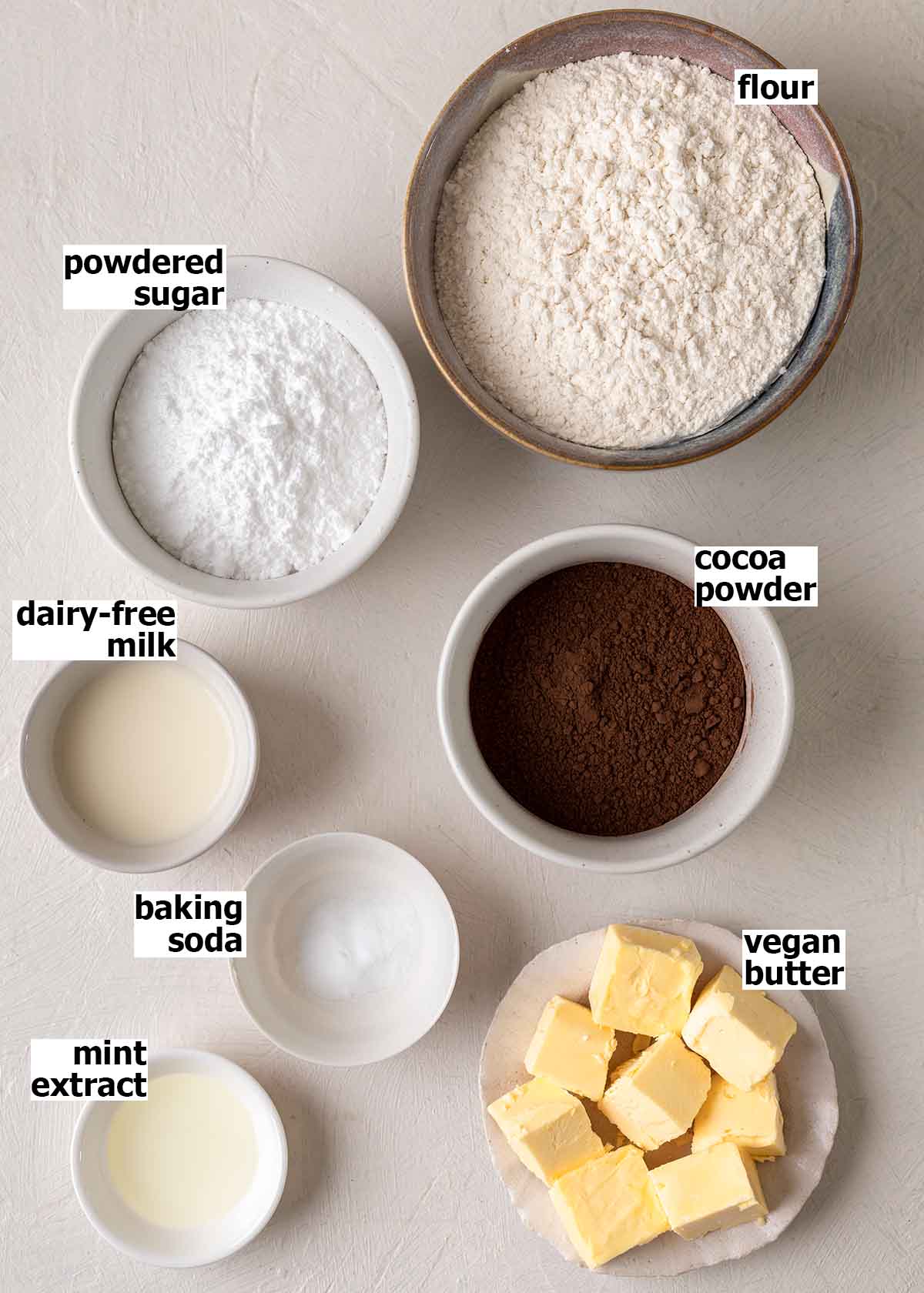 Flatlay of ingredients for mint cookies.