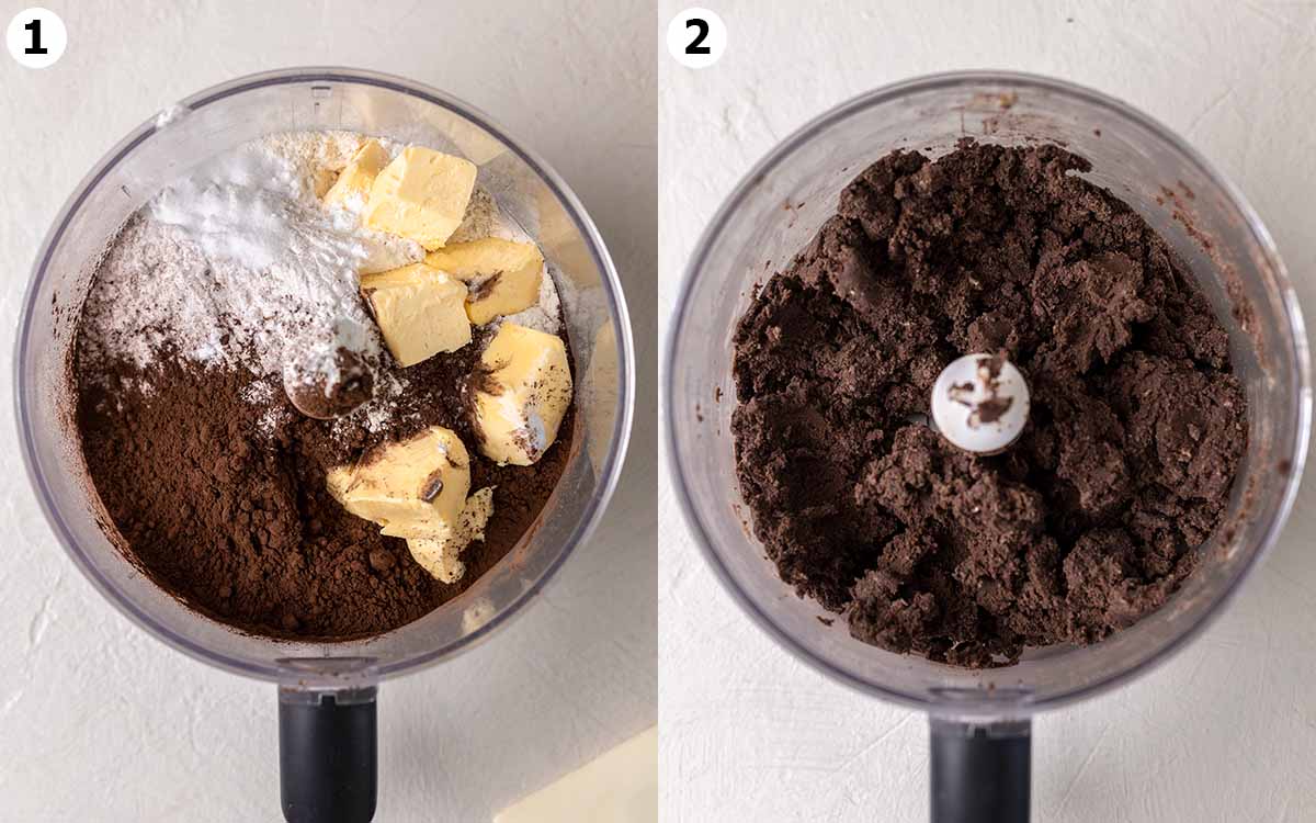 Two image collage of ingredients for cookies in food processor and final dough.