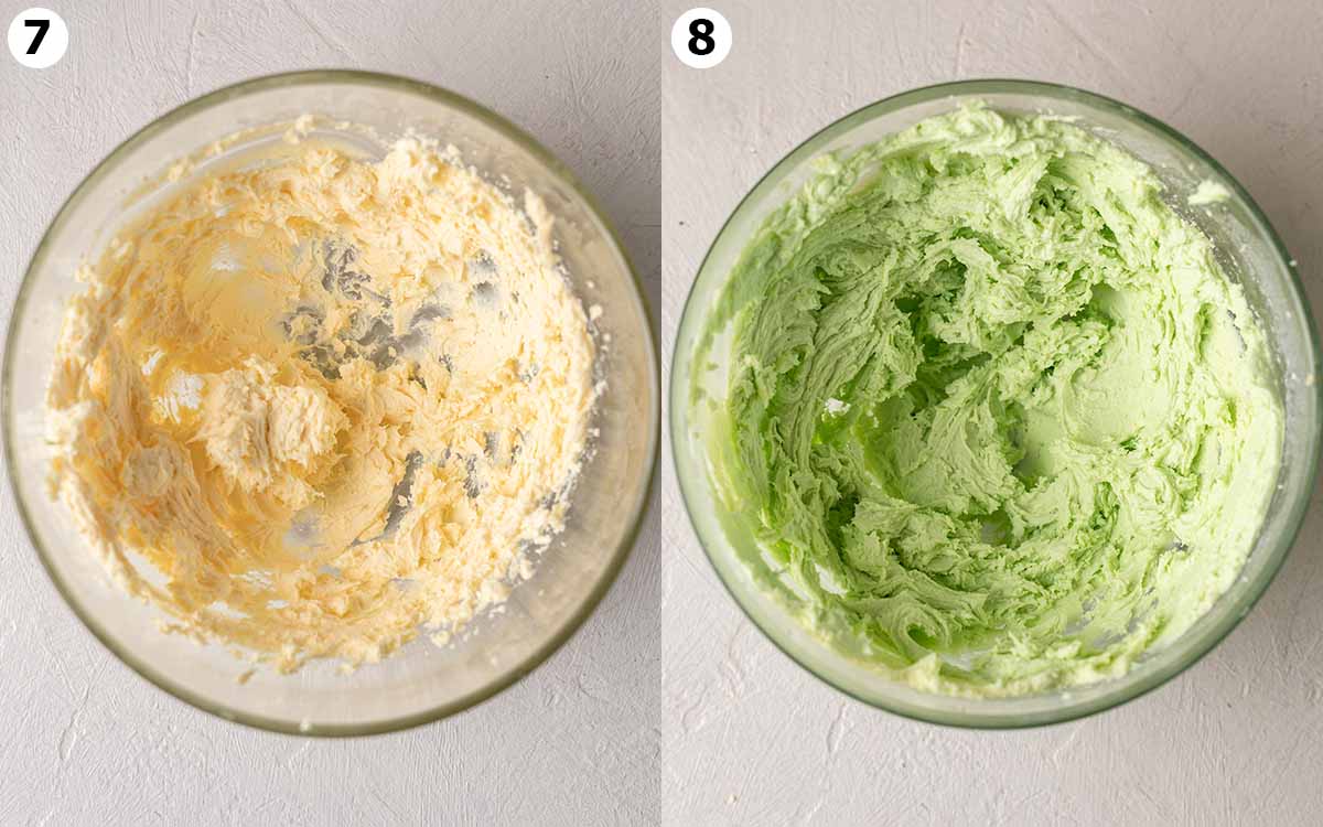 Two image collage showing how to prepare the peppermint buttercream for cookies.