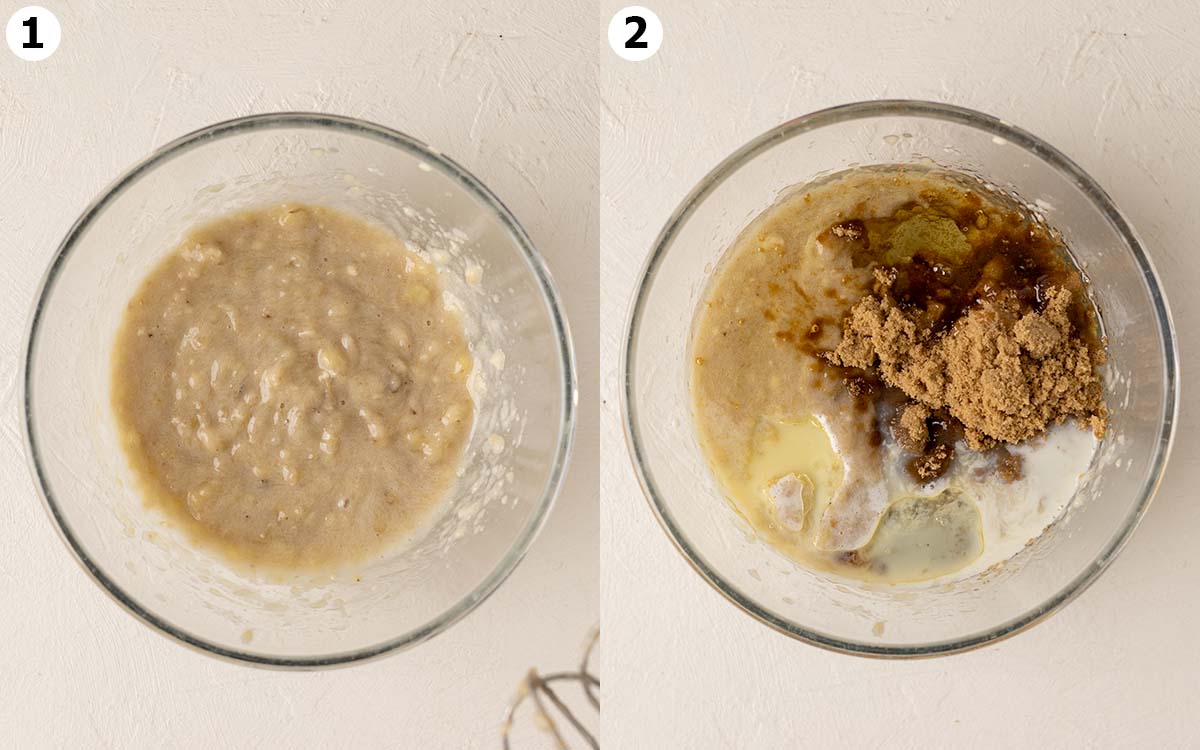 Two image collage of mixing bowl with mashed banana and the rest of wet ingredients added.