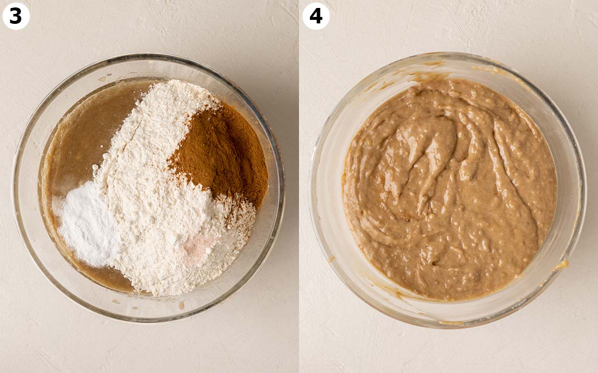 Two image collage with dry ingredients added to mixing bowl and final thick batter.