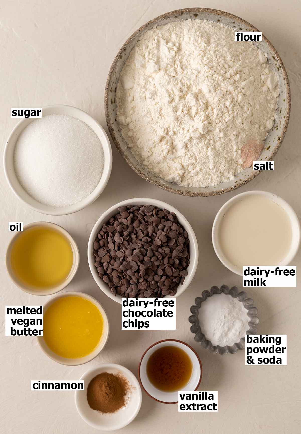 Flat-lay of ingredients for muffins.