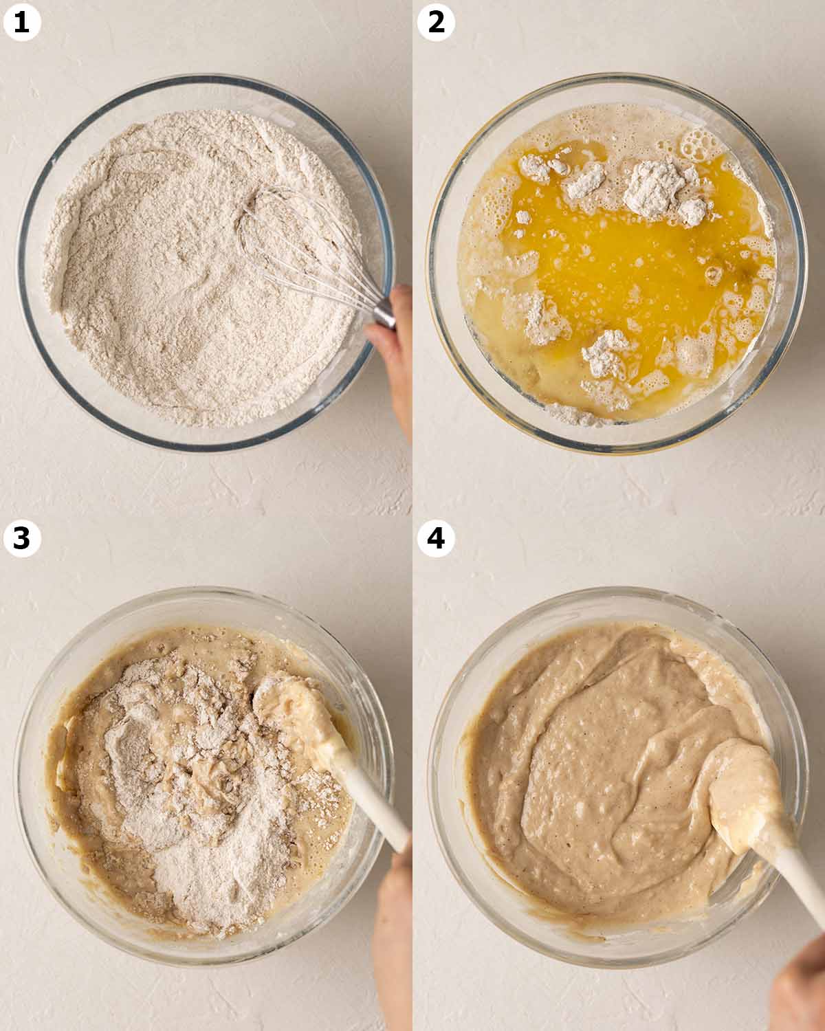 Four image collage showing how to make the muffin batter without the chocolate chips in one bowl.