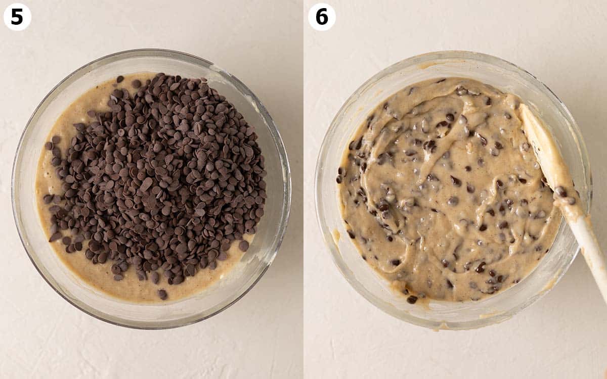 Two image collage of muffin batter with added chocolate chips and chocolate mixed in.