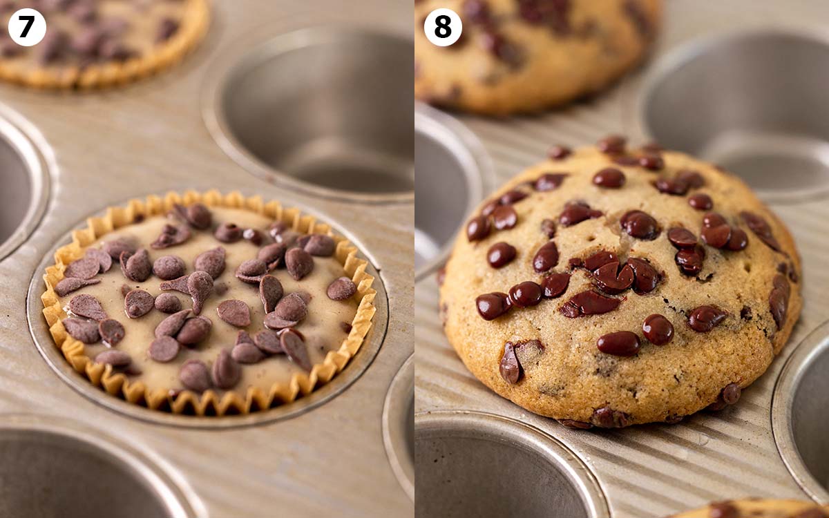 Two image collage of muffin tray showing before and after muffin has been baked. Muffins are spaced apart.