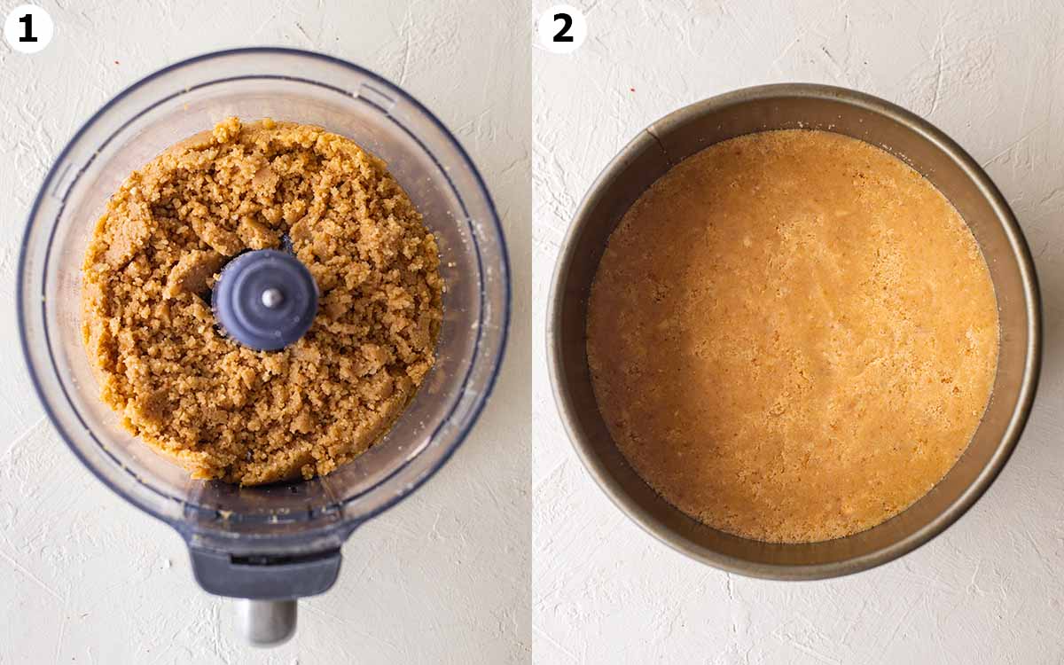 Two image collage showing how to make the cookie crust for the cheesecake.