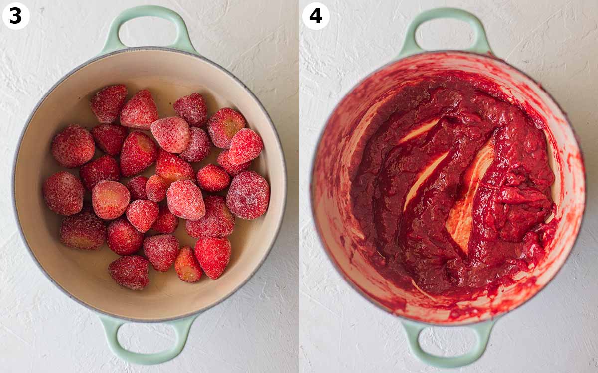 Two image collage showing how to make the strawberry reduction in a pot.