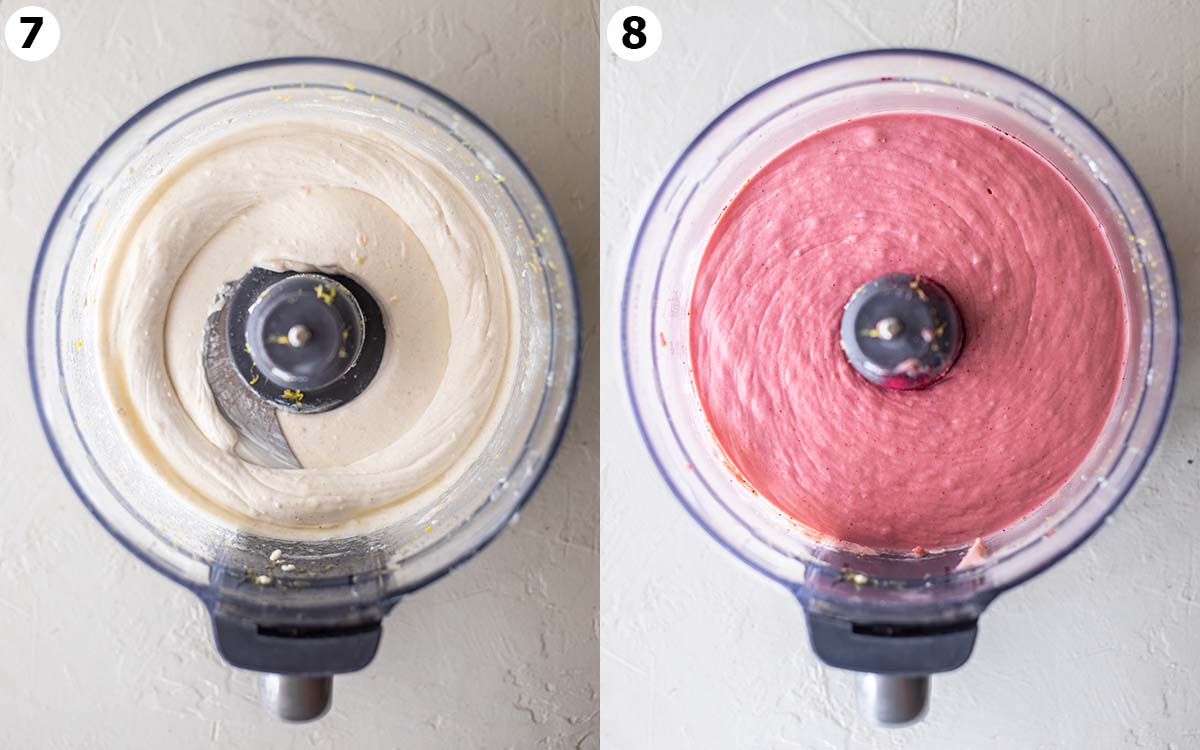 Two image collage of food processor with plain cream cheese mixture and final pink strawberry mixture.