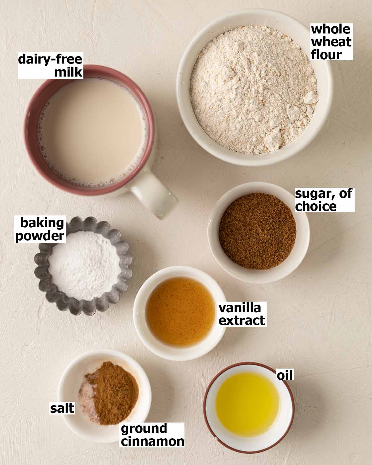 Flat lay of ingredients for whole wheat pancakes.