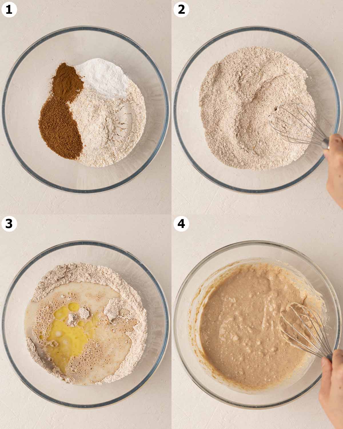 Four image collage showing how to make batter for pancakes.