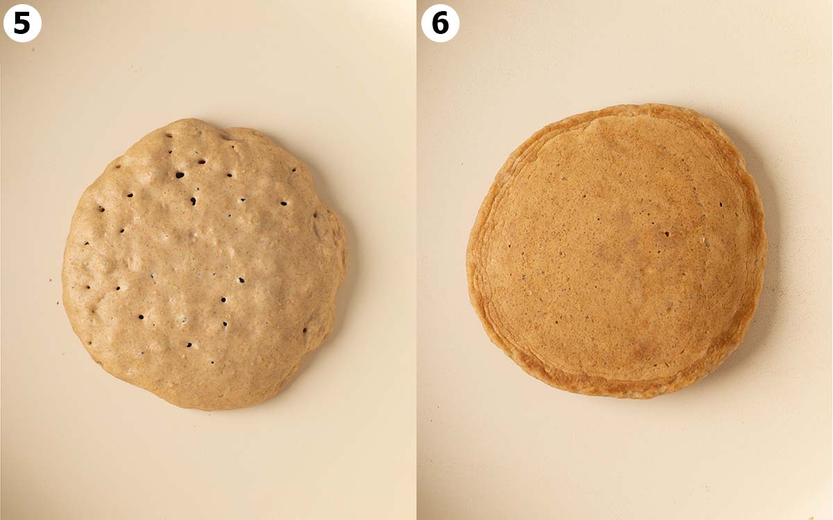 Two image collage of pancake on skillet half cooked with bubbles on top and fully cooked.