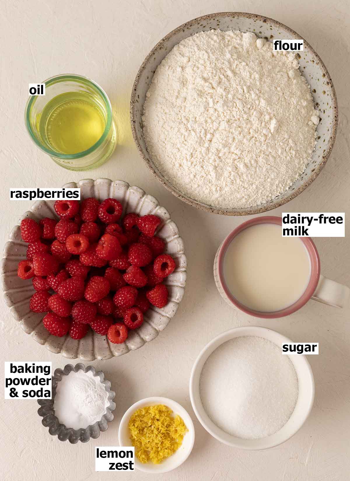 Flat-lay of ingredients for muffins.