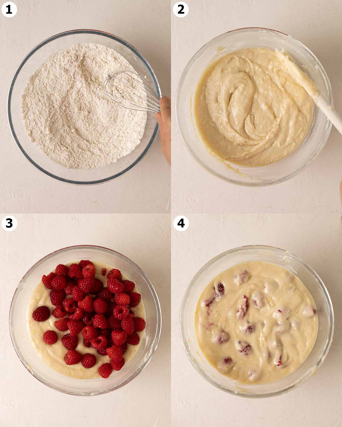 Four image collage showing how to make the muffin batter in one bowl.