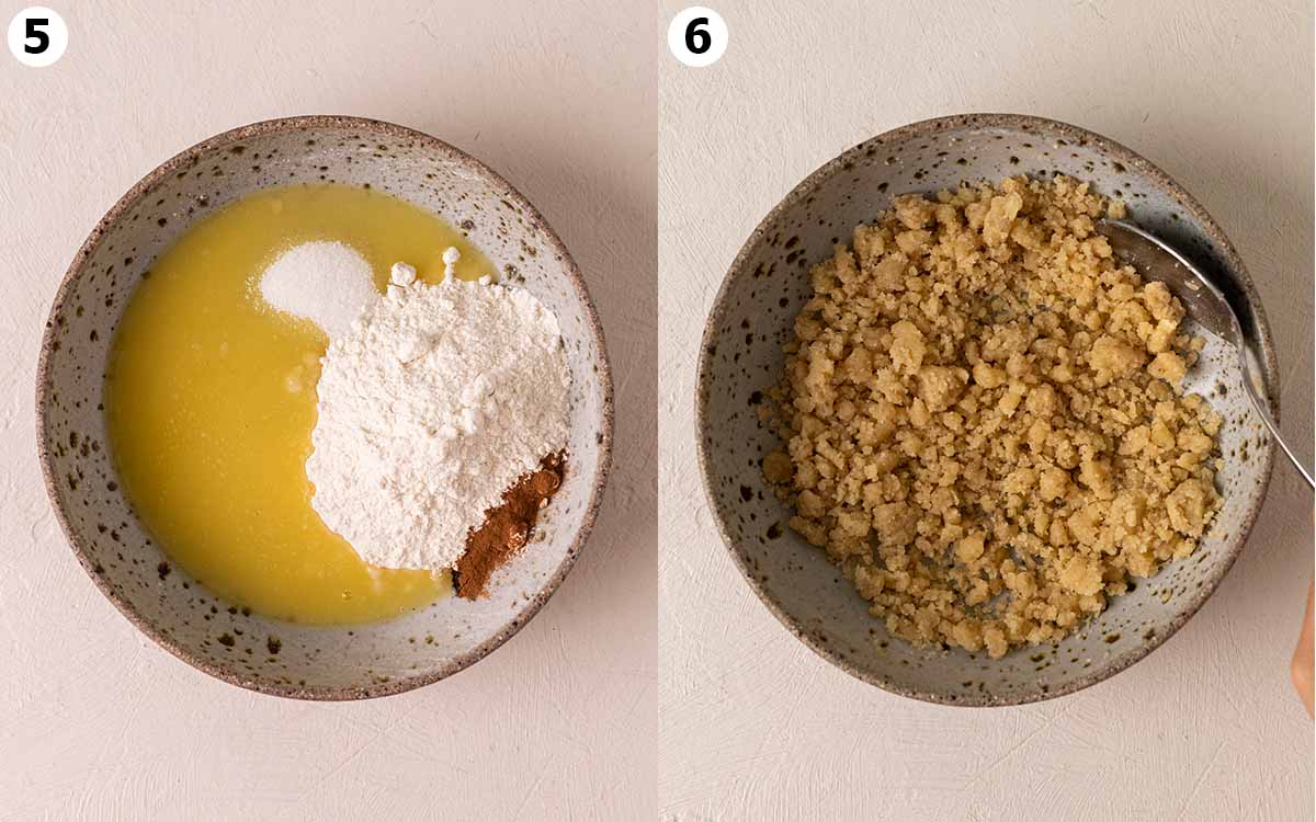 Two image collage showing how to make the crumble topping.