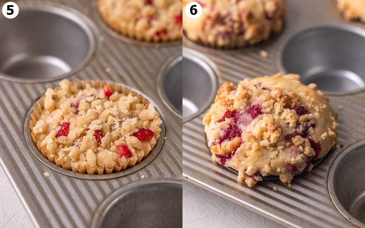 Two image collage showing before and after muffins are baked in muffin pan.
