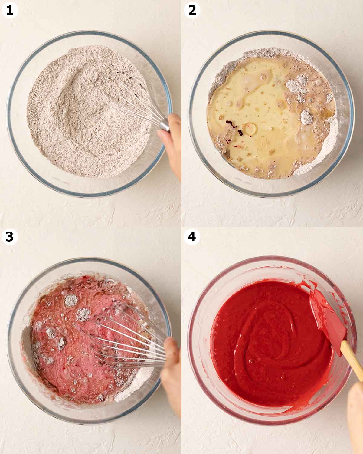 Four image collage showing how to prepare the cupcake batter in one bowl.