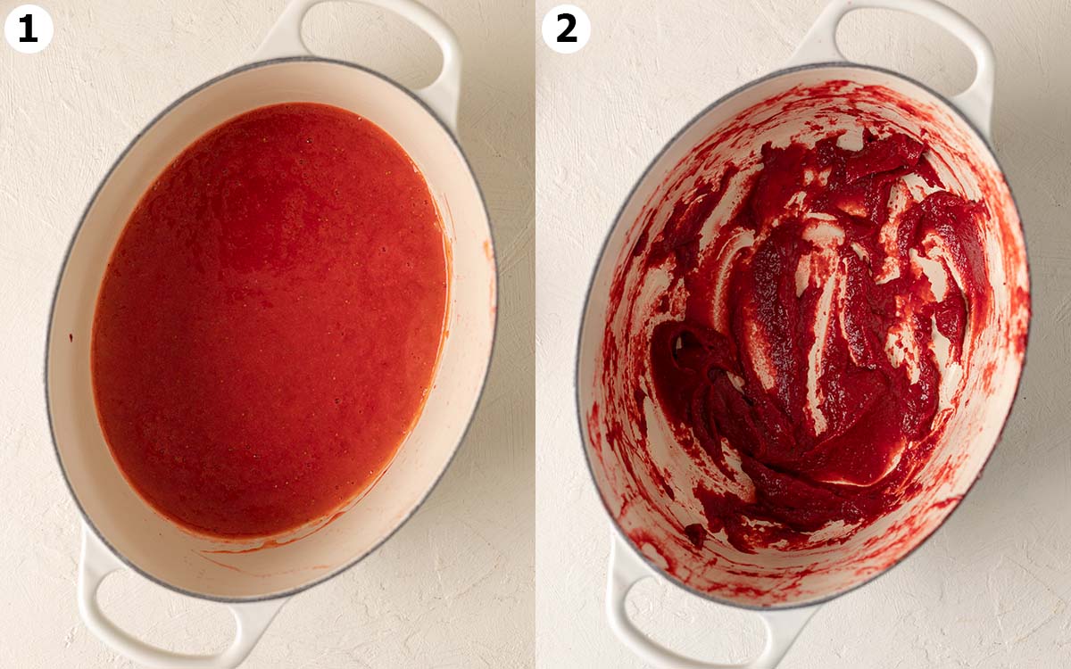 Two image collage of strawberry puree in pot and final strawberry reduction.