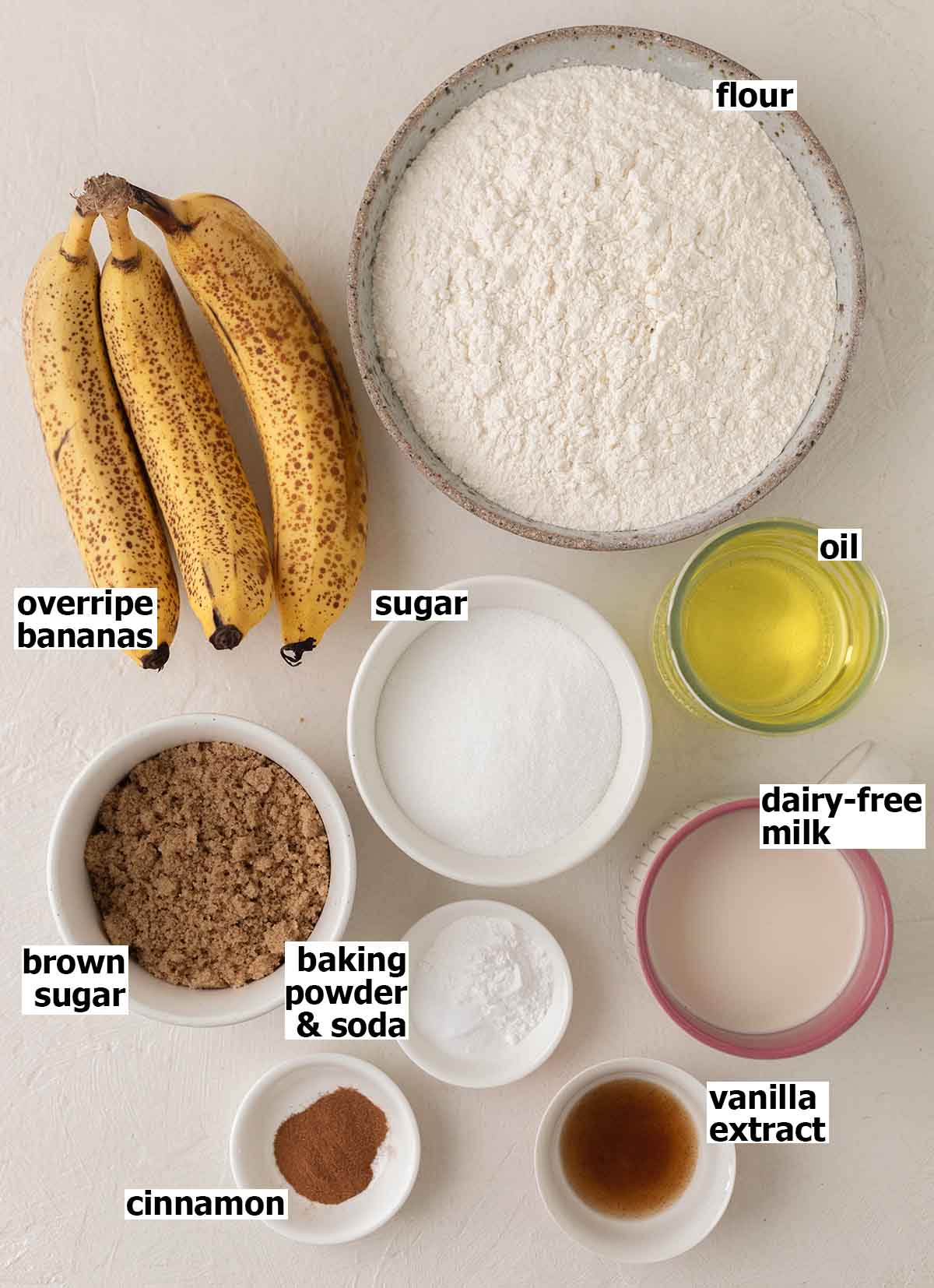 Flat-lay of ingredients for vegan banana cake