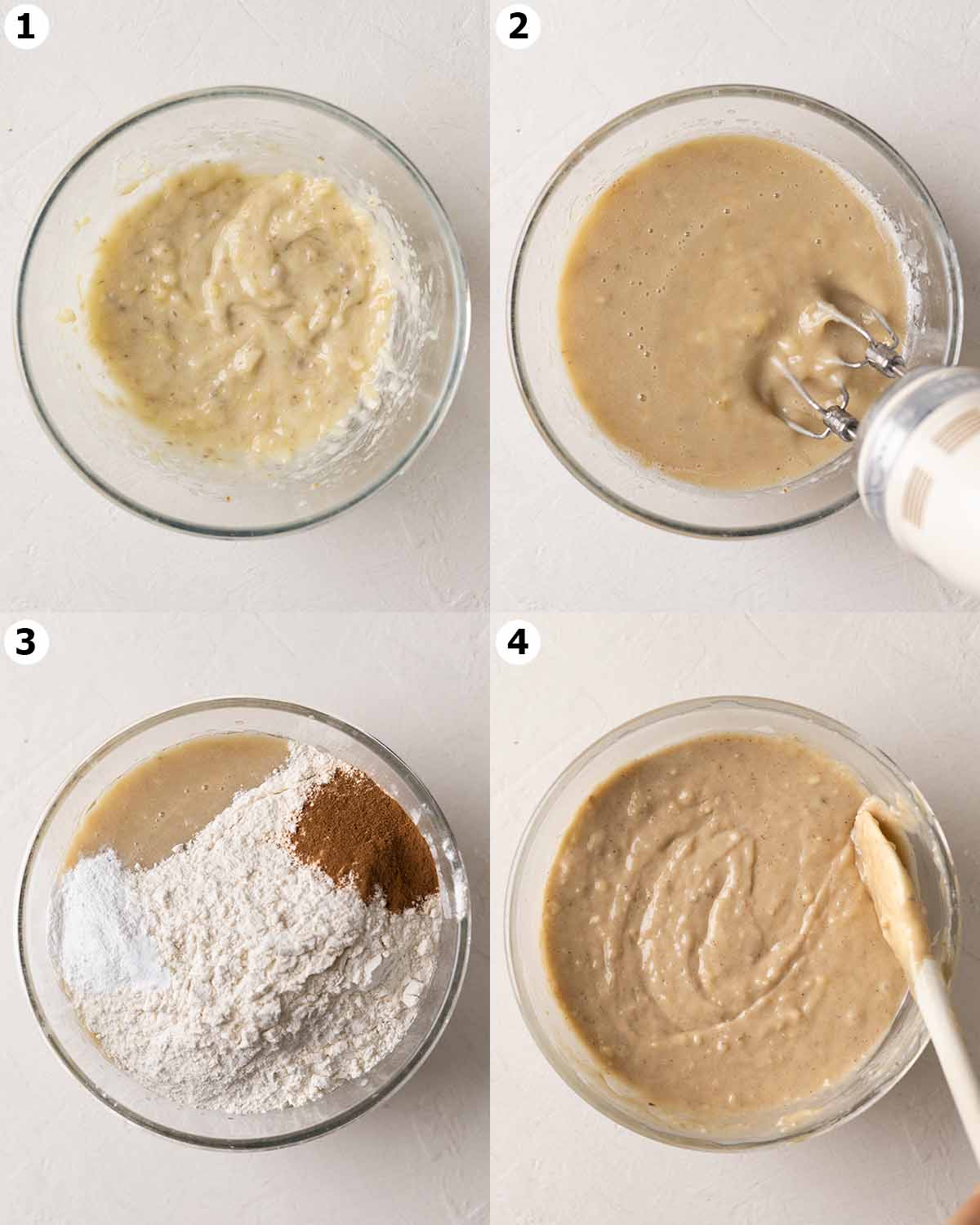 Four image collage showing how to prepare the batter for the banana cake.