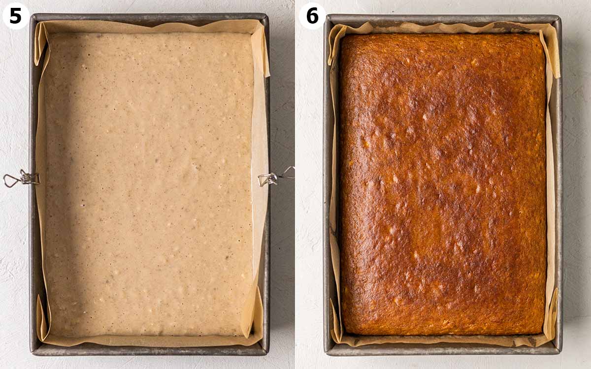 Two image collage before and after cake has been baked in sheet pan.