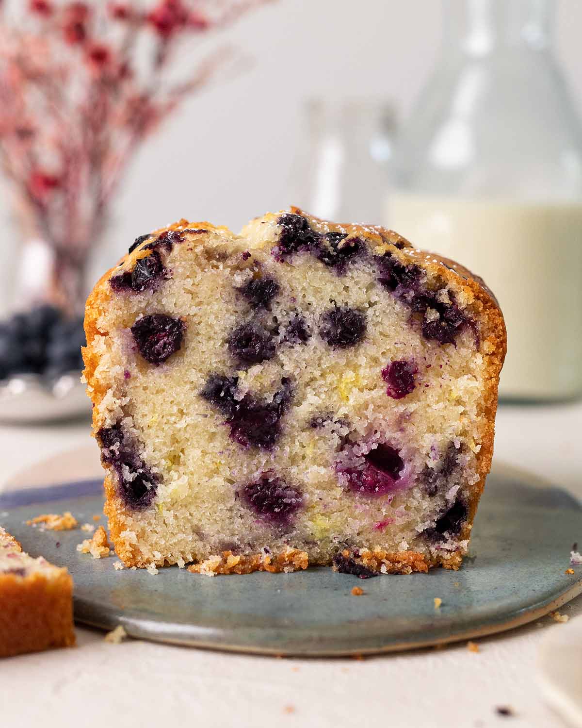 Close up of cross section of blueberry bread.