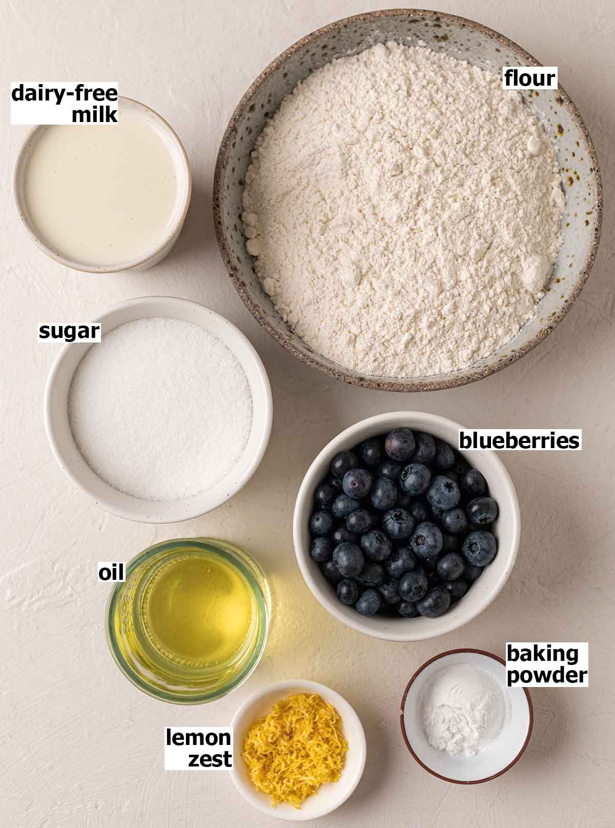 Flat-lay of ingredients for blueberry cake.