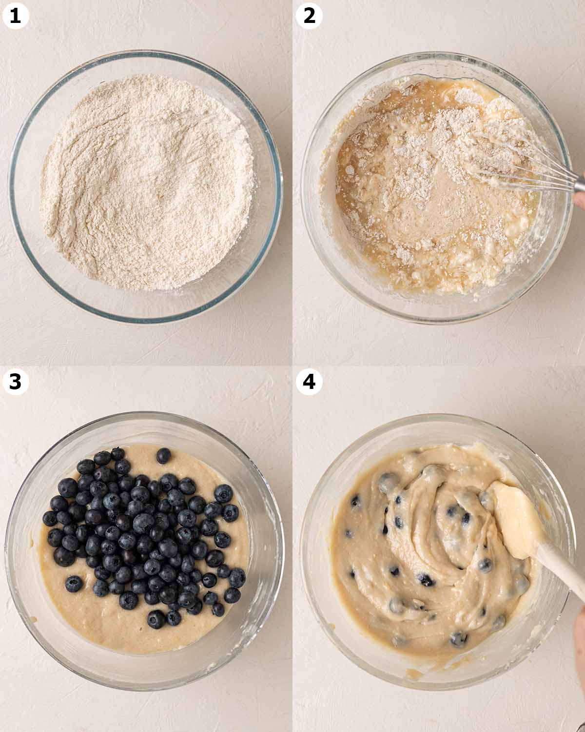 Four image collage showing how to make the cake batter in one bowl.