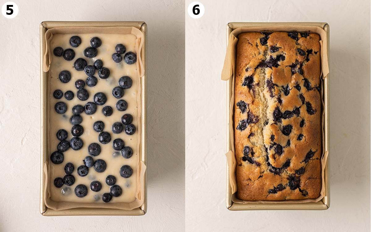 Two image collage of blueberry bread before and after baking in loaf pan.