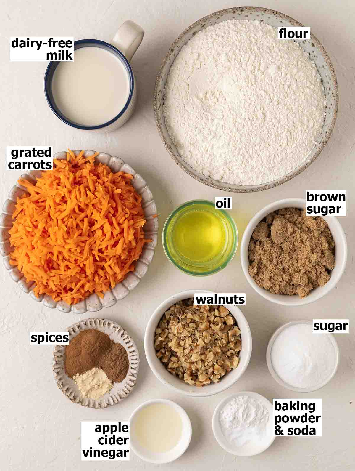 Flat-lay of ingredients for carrot cake.