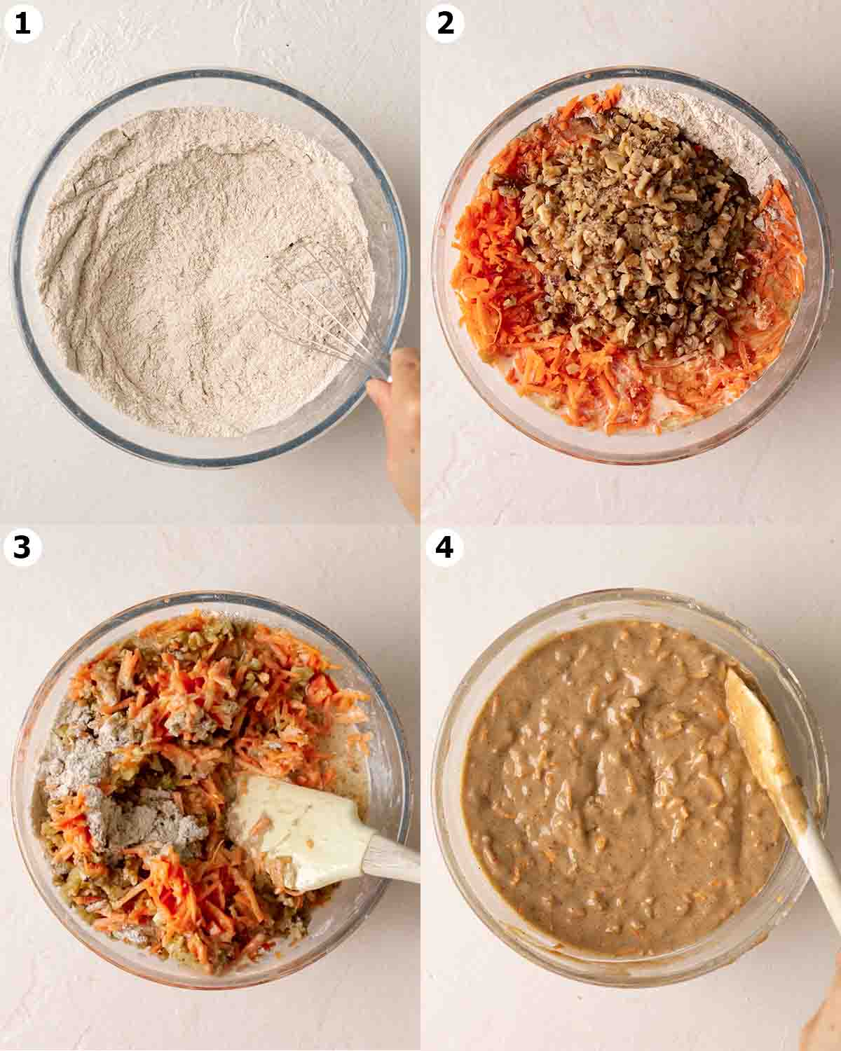 Four image collage showing how to make carrot cake batter in one bowl.