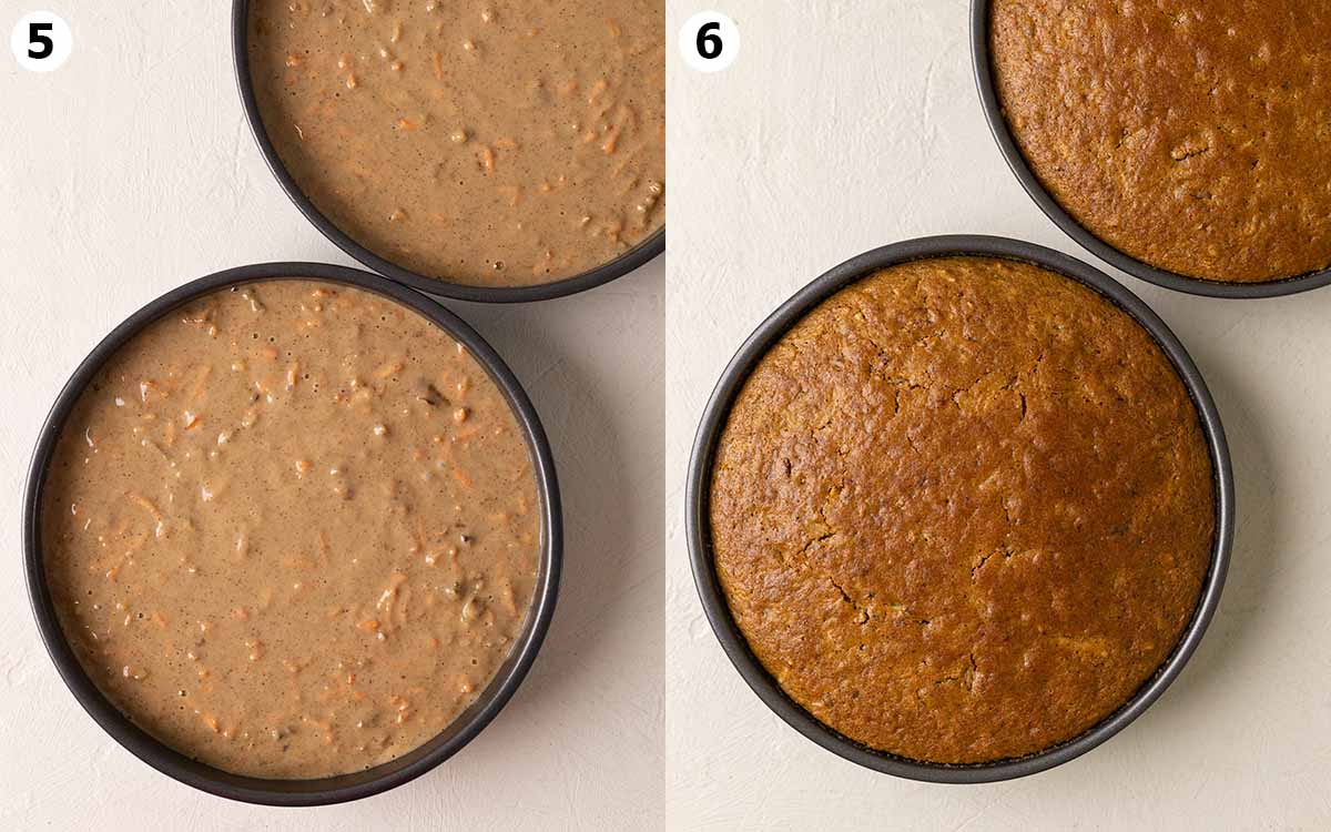Two image collage showing before and after carrot cakes have been baked in round cake pans.
