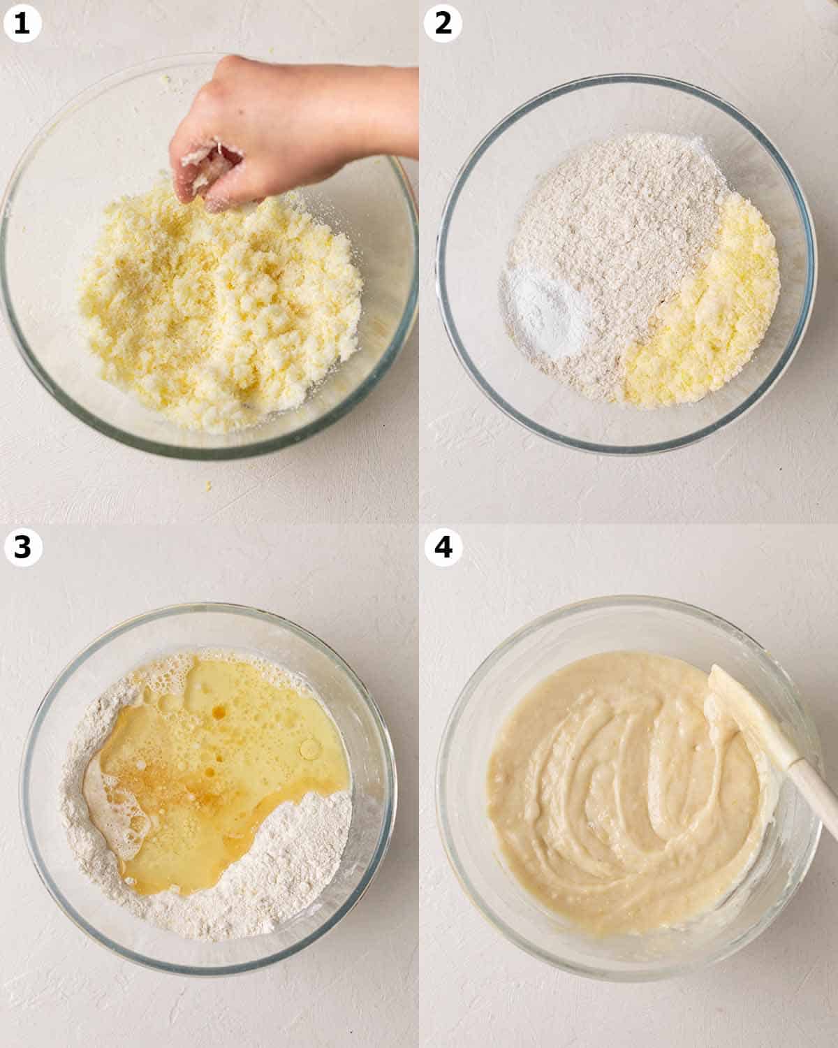 Four image collage showing how to make cupcake batter in one bowl.