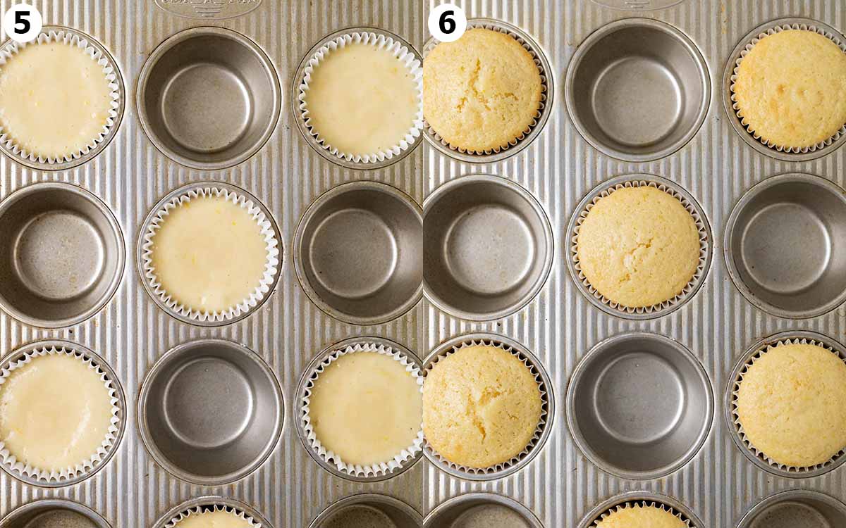 Two image collage of muffin pan, before and after baking cupcakes.