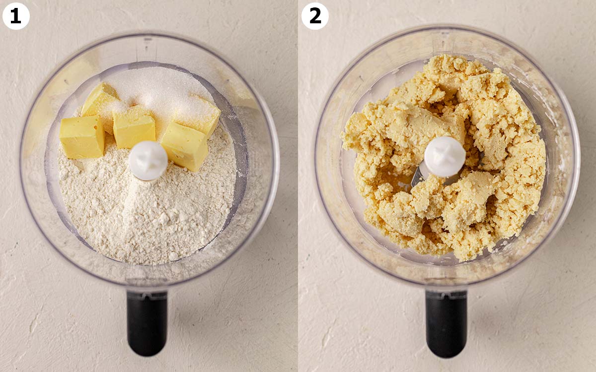 Two image collage of food processor showing pastry ingredients and final dough.