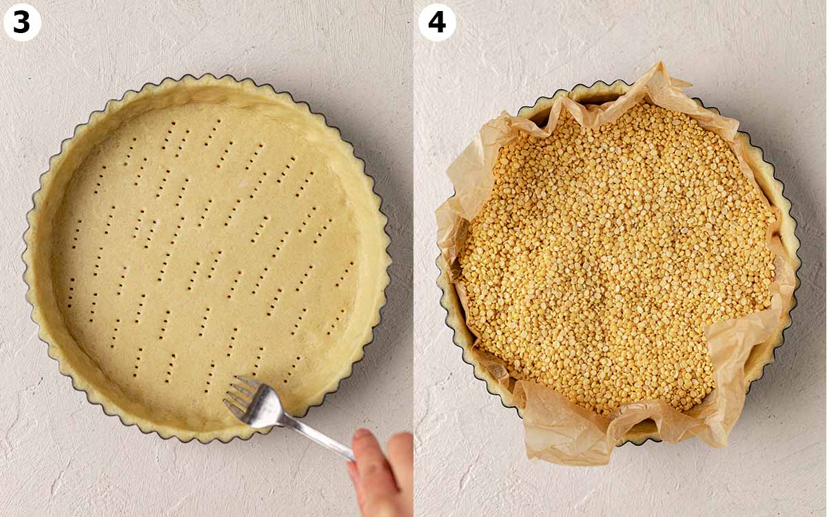 Two image collage of a fork docking an unbaked pastry and filled with parchment paper and dried lentils for blind-baking.